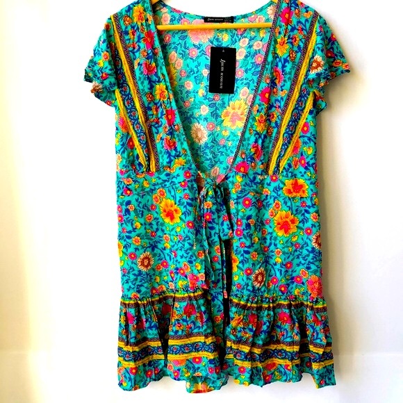 Bohemian  Women Mini Wrap Dress Short Sleeve Cover Multicolor NWT - Picture 1 of 6